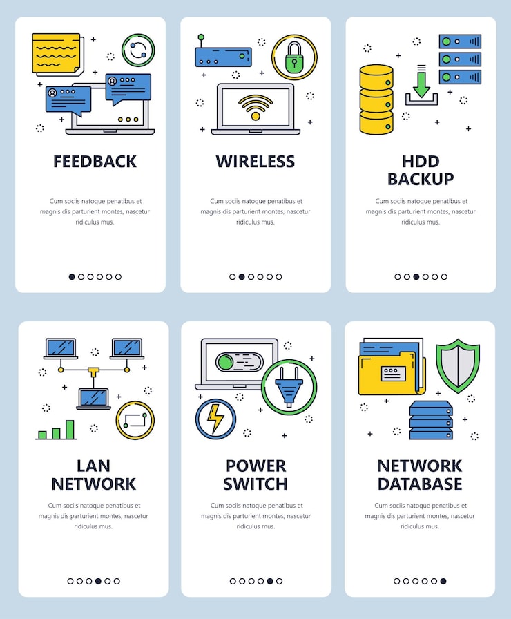 Vector 移动应用程序上机屏幕的向量集 反馈 无线硬盘备份 兰网络 电源开关 网络数据库网页模板和横幅 网站菜单的薄线艺术风格设计图标