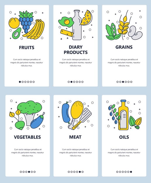 Vector vector set of mobile app onboarding screens fruits dairy products grains vegetables meat oils web templates and banners thin line art flat icons for website menu