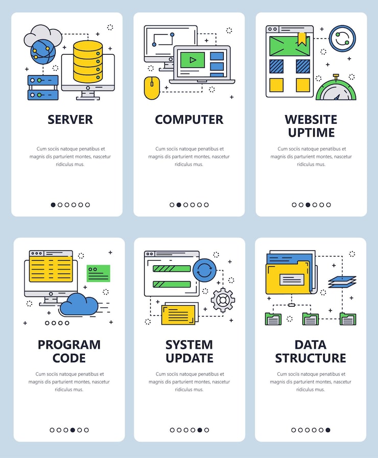 Vector 移动应用程序上机屏幕的向量集 服务器 计算机 网站正常运行时间 程序代码 系统更新 数据结构 网页模板和横幅 网站菜单的薄线艺术风格设计图标