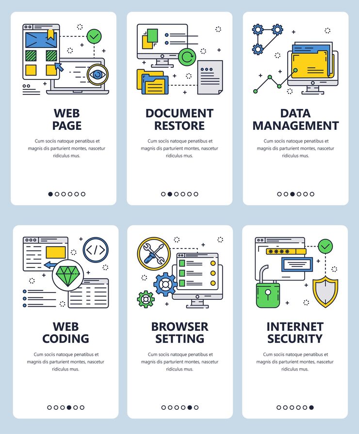 Vector vector set of mobile app onboarding screens web page document restore data management web coding browser setting internet security web templates and banners thin line art style design icons