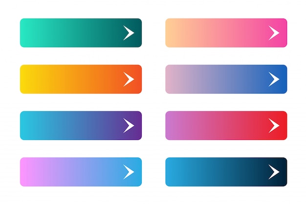 Vector vector set of modern gradient app or game buttons. user interface web button on rectangular forms with arrows.