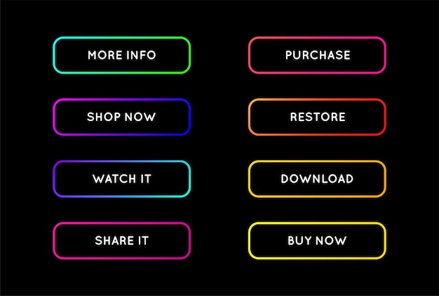 Vector Set of Modern Neon App or Game Buttons Trendy gradient neon colors