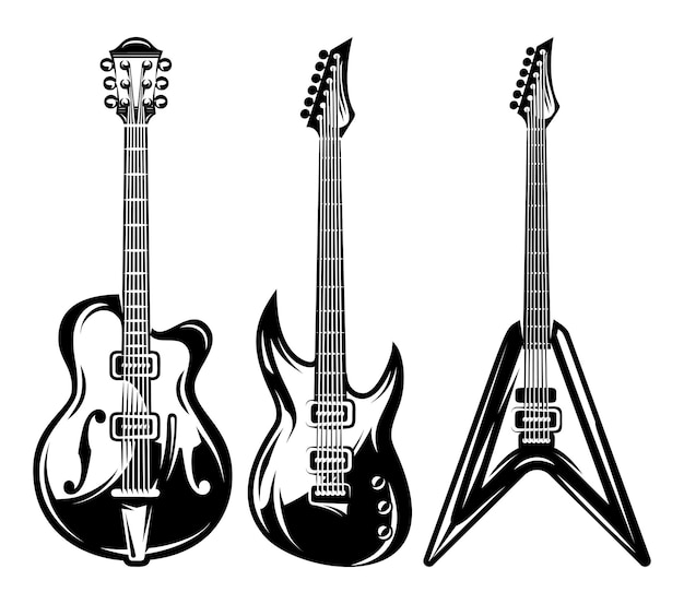 Vettore set vettoriale di chitarra elettrica monocromatica per la progettazione di poster