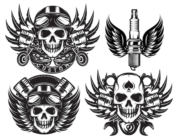 Vector set of monochrome image on motorcycle theme with skull wings engine