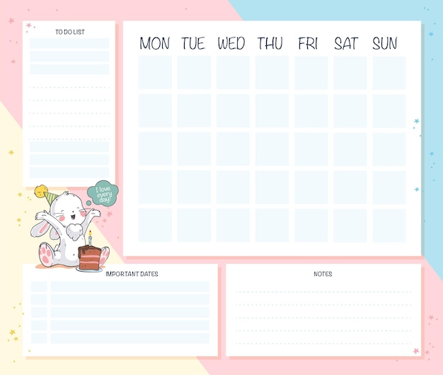 Векторный набор ежемесячного календаря шаблона дизайна страницы планировщика для детей. Симпатичные рисованной маленький кролик персонаж. Плоская планировка, макет. Пастельные тона. Снова в школу.