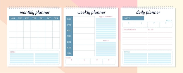 Vector set of monthly, weekly and daily planner page design template. flat lay, mock up. pastel colors. office business equipment.