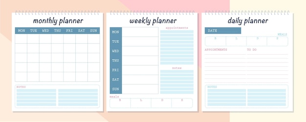 Vector vector set of monthly, weekly and daily planner  page design template. flat lay, mock up. pastel colors. office business equipment.