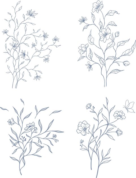 Vector set mooie bloemen en bladeren lijn kunst elementen botanische set elementen met de hand getekend