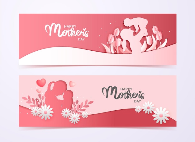 Vector set of Mother's Day banner in paper cut style Mother hugging child on floral background