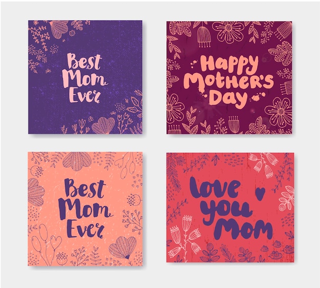 Vector set of Mother s day doodle cards. Hand drawn lettering with flowers. est mom ever, happy mothers day, love you mom