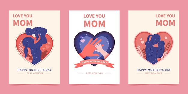 Vector set of Mother's day poster design template in paper cut style heart shape with floral element