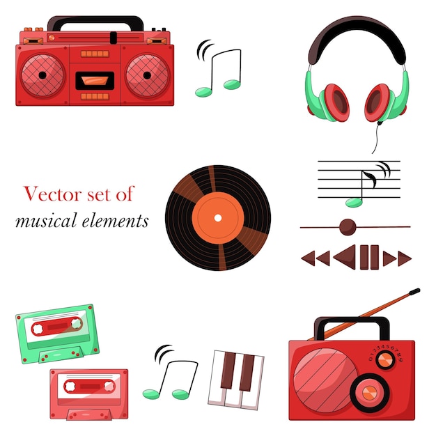 Insieme vettoriale di elementi musicali disegnati in uno stile semplice illustrazione musicale vintage