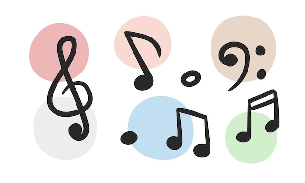 Vector set of musical notations with multiple decorative dots in the background. Treble clef, quaver
