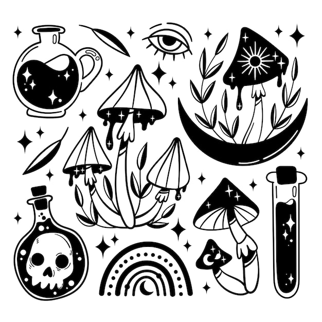 Vector set of mystical magic stickers mushrooms crescent moon potions stars skull in a flask rainbow leaves Black and white isolated elements in boho style