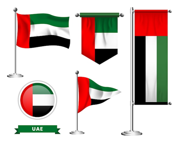 Vettore set vettoriale della bandiera nazionale degli emirati arabi uniti in vari disegni creativi