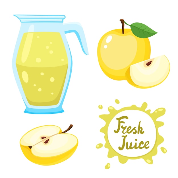 Vector set of natural fresh aplle juice in jar and yellow apples isolated on white in cartoon style. healthy organic fruit beverage.