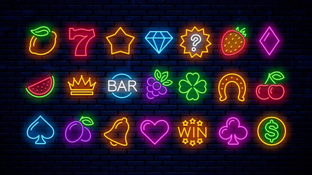 Set vettoriale di icone di gioco al neon per casinò insegne al neon per slot machine