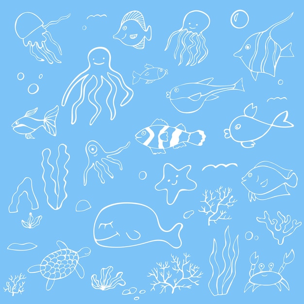 Vector set ocean day marine life coral reef ocean in doodle style