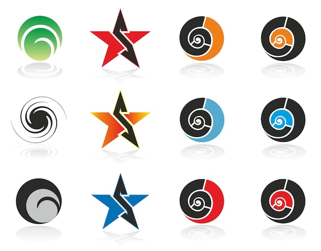 Векторный набор абстрактных геометрических логотипов иконы символы звезды улитки круги