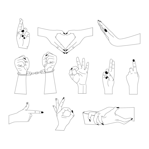 Векторный набор абстрактных шаблонов дизайна логотипа в простых линейных руках стиля в разных жестах