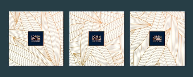 ソーシャル ネットの白い正方形カード投稿テンプレートと抽象的な豪華な黄金のベクトル セットは、植物のモダンなアールデコの壁紙の背景を残します印刷パッケージ デザインのパターン テクスチャ