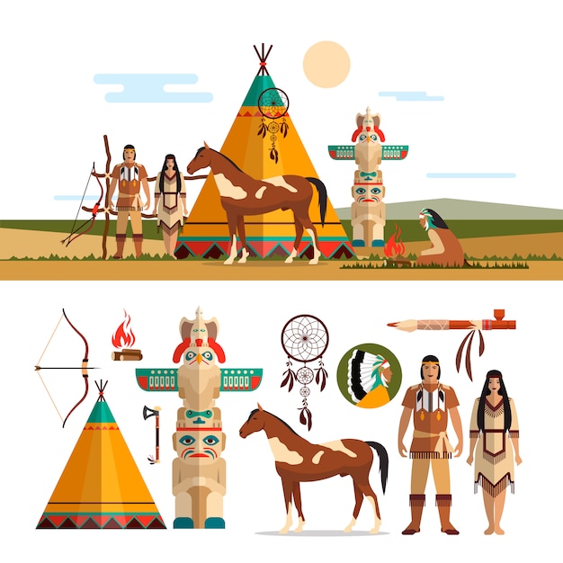Векторный набор американских индейских племенных объектов, элементы дизайна в плоском стиле. мужской и женский индийский, тотем и камин.