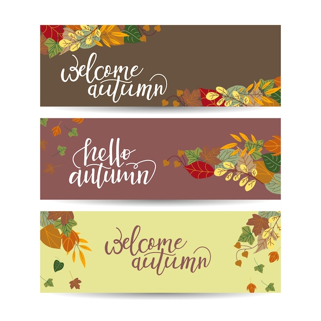 ベクトル 秋のバナーのベクトルを設定あなたのデザインの 3 つのテンプレート様々 な明るい秋の葉と handlettering 白い領域にテキストの場所があります。
