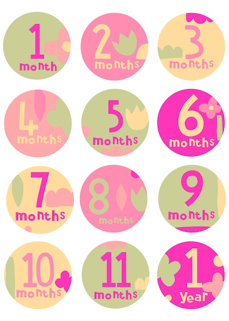 ベクトル 1ヶ月から1歳までの新生児のためのベクトルセットのベビーカード