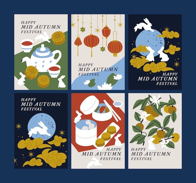 Векторный набор фонов или плакатов для фестиваля середины осени или фестиваля лунного пирога с иллюстрацией кроликов, бумажных фонариков и украшений