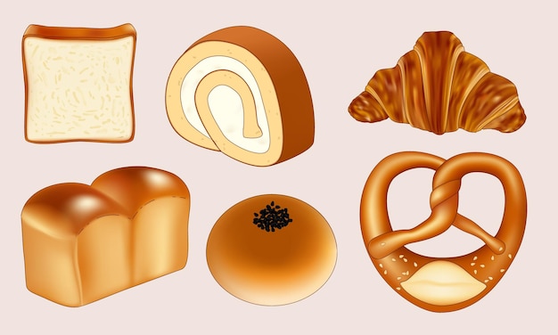 Вектор Векторный набор векторных иллюстраций хлебобулочных изделий. хлеб, круассан, крендель, бисквит