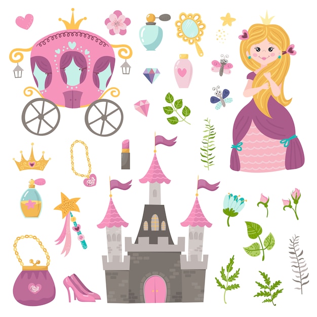 Векторный набор прекрасной принцессы, замок, перевозки и аксессуары.