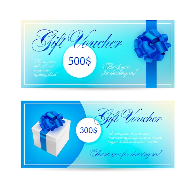 Вектор Векторный набор синих подарочных сертификатов с лентами, подарочный лук.