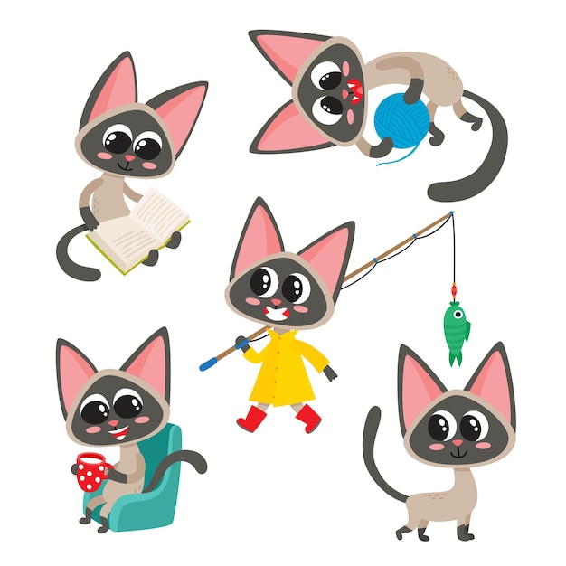 Вектор Векторный набор мультяшный сиамский смешной кот милый забавный кот котенок персонаж делает различные действия
