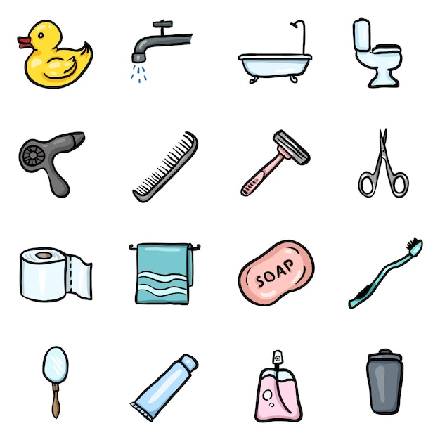 Векторный набор цветных иконок для ванной комнаты