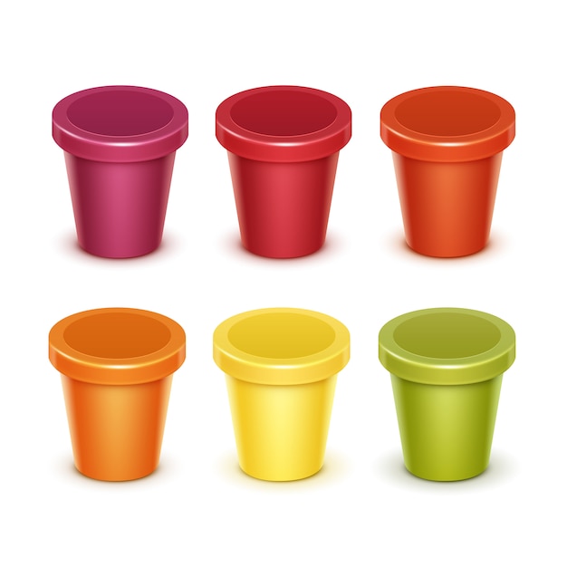 色の赤、緑、オレンジ、黄色、空、空のプラスチック製の浴槽のベクトルを設定