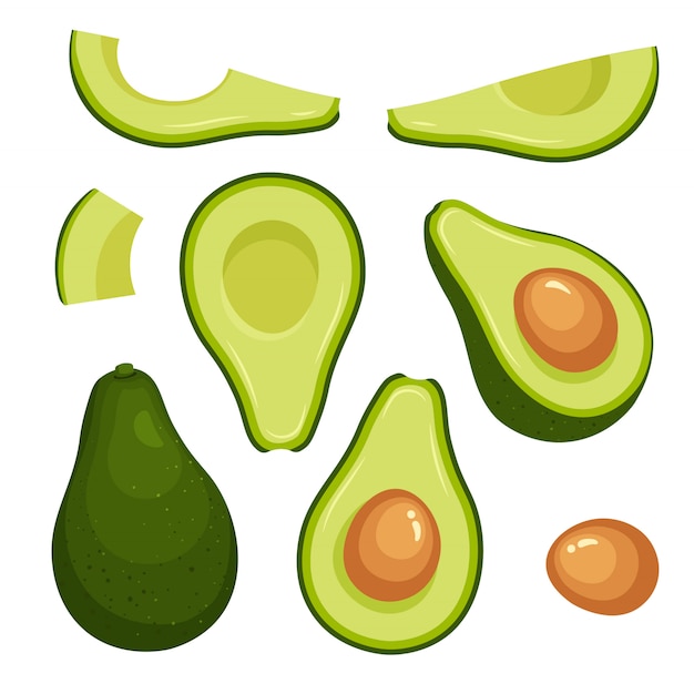 Векторный набор красочных половину, ломтик и весь свежий авокадо. веганская еда векторные иконки в модном мультяшном стиле. концепция здорового питания.