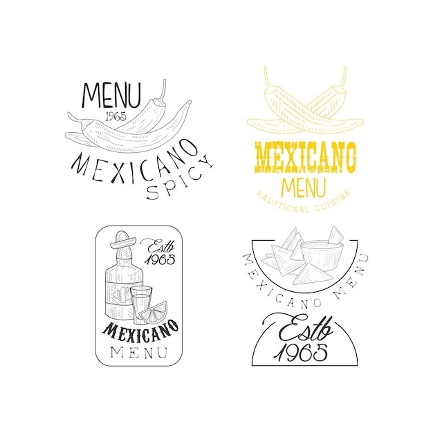 Векторный набор творческих эмблем для традиционных мексиканских ресторанов одноцветные логотипы с чили