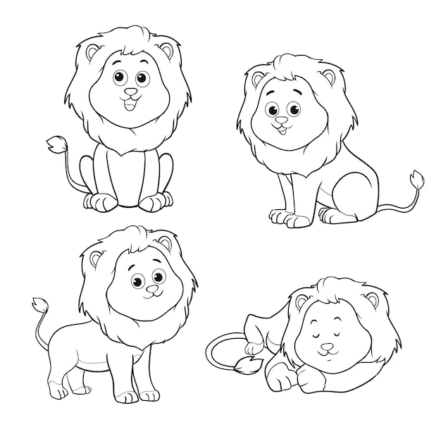 Векторный набор милого мультфильма о льве, выделенного на белой черно-белой иллюстрации раскраски для детей