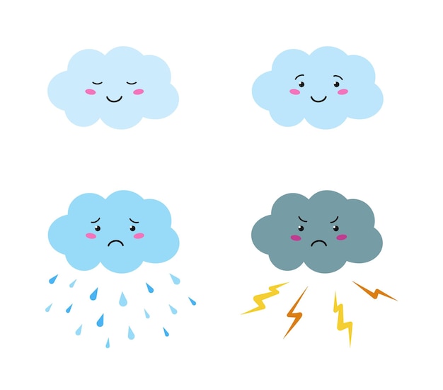 귀여운 날씨 만화 구름 아이콘 벡터 세트 잠자는 미소 우울한 비 뇌우
