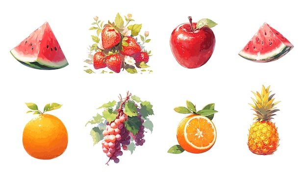 Вектор Векторный набор подробных фруктов клубника ананас яблоко оранжевый виноград арбуз сладкие фрукты