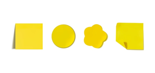 分離、白い背景、正方形、円の形のさまざまな黄色のステッカーのベクトルを設定します。