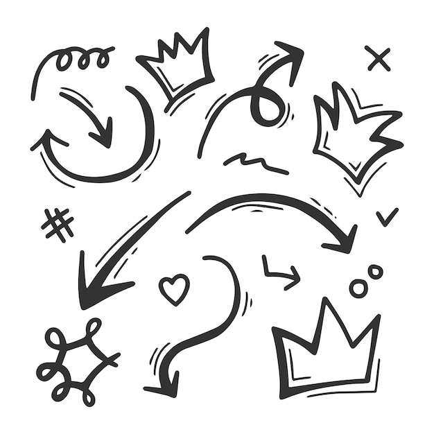 Векторный набор элементов каракулей для концептуального дизайна стрелы короны любовь х