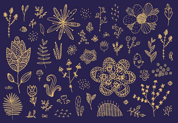 낙서 손으로 그린 꽃, 꽃, 잎의 벡터 집합입니다. 귀여운 식물 컬렉션