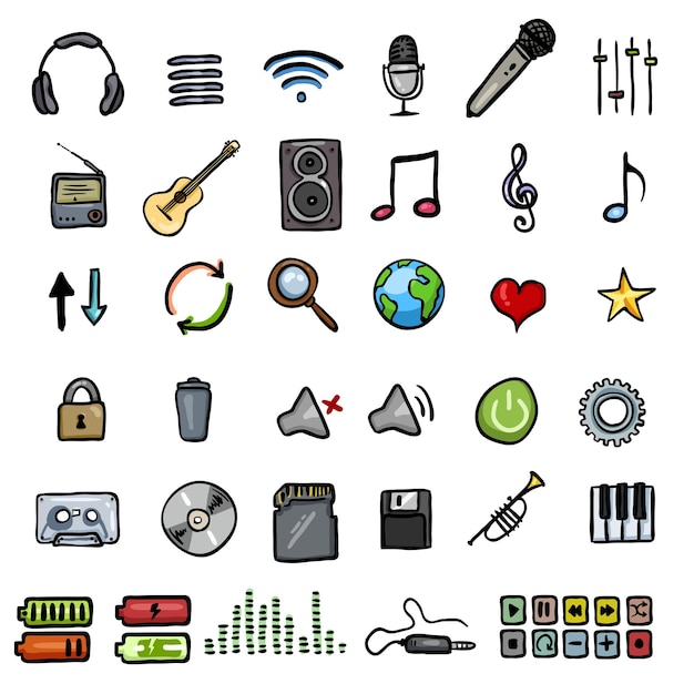 Векторный набор иконок doodle music