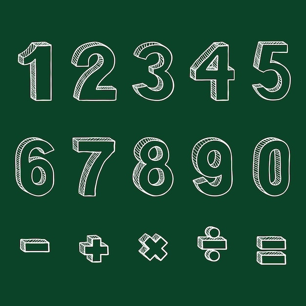 Вектор Векторный набор рисунков рисунков и математических знаков мелом вручную нарисованные арабские цифры от одного до девяти