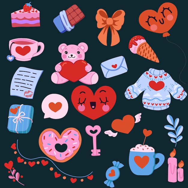 Векторный набор элементов для дня святого валентина со сладостями, плюшевым мишкой, сердечками, растениями, любовным письмом, свечами, ключом, подарками, клубникой, бантом, свитером влюбленных