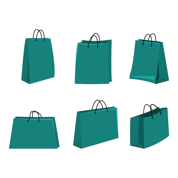 白い背景の上の平らな緑のショッピング バッグのベクトルを設定