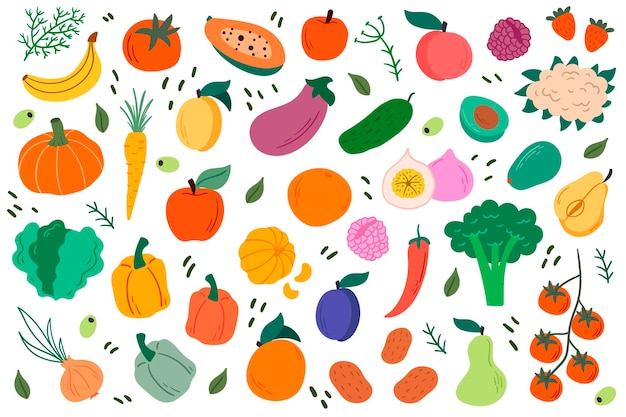 Векторный набор фруктов и овощей. здоровая пища