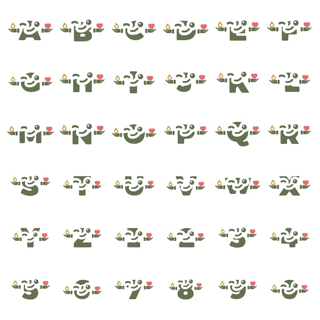 リングとハートのシンボルと面白い文字文字と数字のベクトルセット