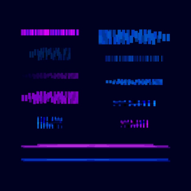 어두운 배경 컴퓨터 화면 오류 디지털 픽셀 노이즈에 고립 된 글리치 디자인 요소의 벡터 집합